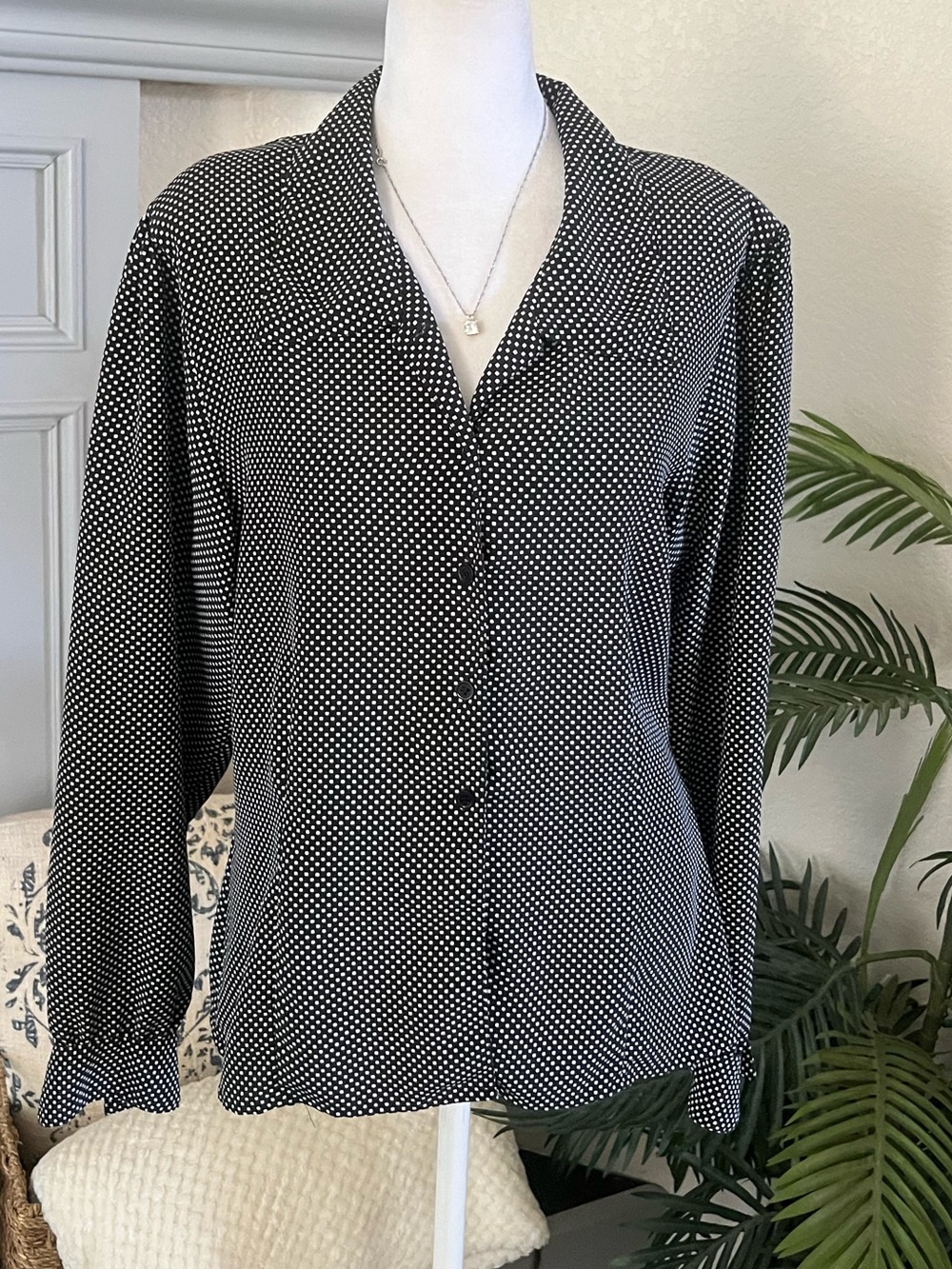 Vintage Evan Picone Black & White Polka Dot Button-Down Blouse
